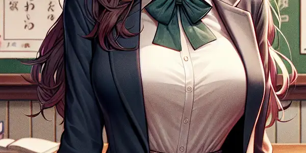 A seductive female teacher in a Japanese classroom, wearing a stylish uniform and leaning playfully against a desk.