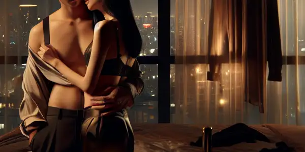 A passionate couple embraces in a warmly lit bedroom, hinting at themes of infidelity and desire.