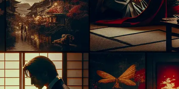 A dimly lit room featuring two characters in elaborate costumes, embodying power dynamics and forbidden fantasies.