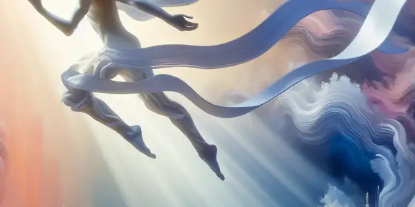 A suspended figure in white ribbons embodies desire and emotional release against a dreamlike pastel background.