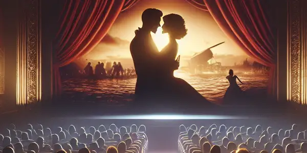 A luxurious movie theater filled with captivated viewers watching a passionate embrace on screen, evoking romance and desire.