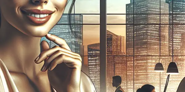 A confident young woman in a modern office exuding charm and sophistication amidst a bustling city skyline.