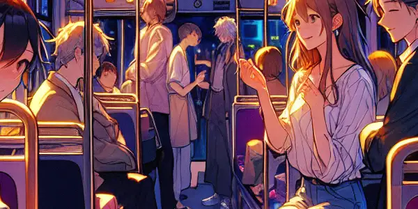 A diverse group of people on a bus, engaging in flirtatious interactions under dim, atmospheric lighting.