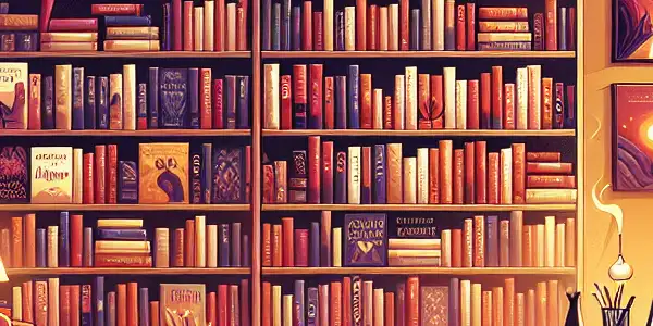 A cozy digital library filled with erotic novels, featuring a warm atmosphere and inviting decor.