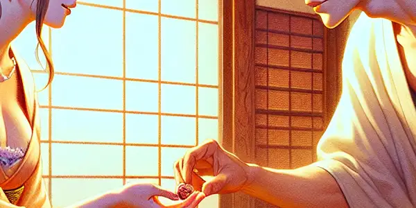 A playful couple shares a lighthearted moment in a softly lit, intimate Japanese room, embodying romance and mischief.