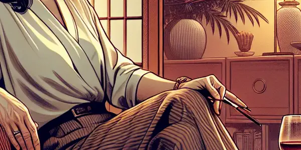 A confident, mature woman in an elegant outfit relaxes in a cozy, tastefully decorated living room.<a href=