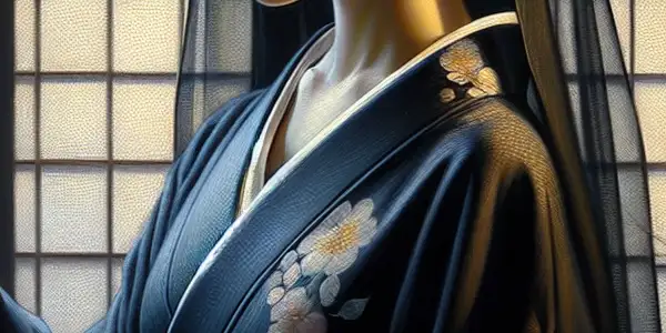 A young woman in a kimono bows her head in a softly lit Japanese room, embodying shyness and allure.