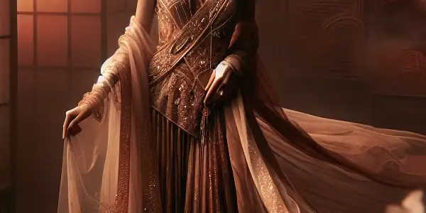 A glamorous woman in flowing fabrics, set against a softly lit backdrop with Asian architectural elements, exuding elegance and allure.