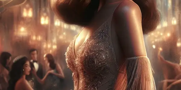 A glamorous film set featuring a beautiful actress in an elegant outfit, surrounded by luxurious decor and romantic lighting.