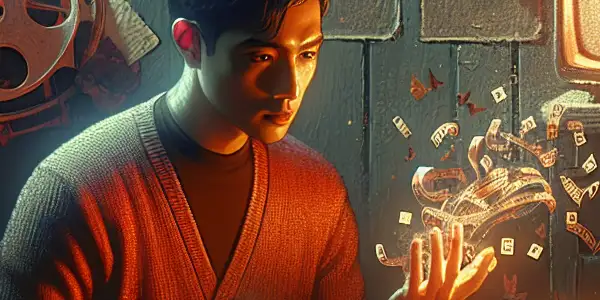 A young novelist in a cozy room, surrounded by manuscripts and vintage film reels, inspired by passion and creativity.