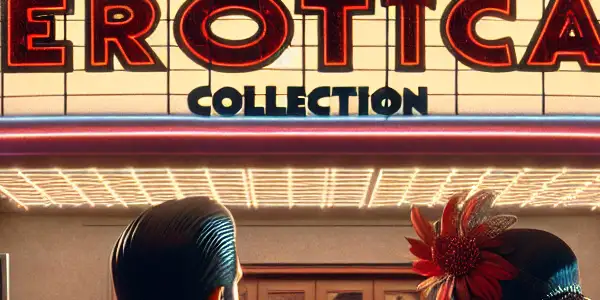 A vintage cinema marquee displays "Classic Erotica Collection" as a stylish couple admires it at dusk.
