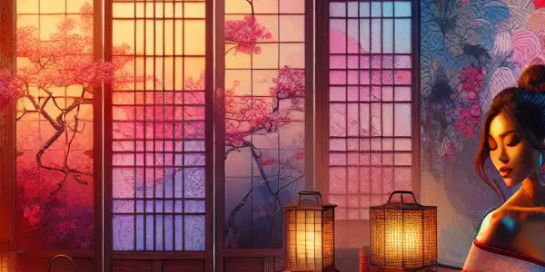 A graceful woman in a kimono in a traditional Japanese room, blending sensuality with Eastern aesthetics.