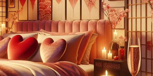 A romantic Valentine's Day bedroom with candlelight, heart-shaped pillows, and elegant decor featuring wine, strawberries, and roses.