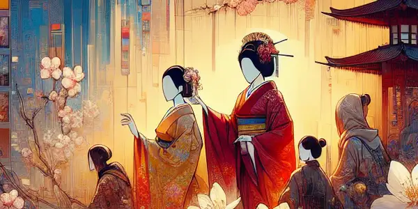 A vibrant digital interface featuring thumbnails of Japanese adult films set against a lush Asian-inspired backdrop.