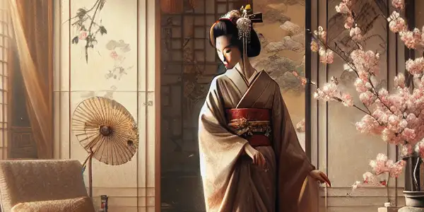 A serene Japanese room with a graceful actress in a kimono, blending traditional aesthetics and modern allure.