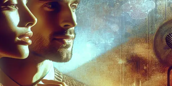 A luxurious room featuring two figures in a tender, romantic moment, surrounded by elegant furnishings and soft lighting.