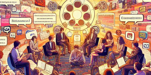 A vibrant online forum with diverse avatars discussing Japanese AV films, featuring animated chat bubbles and iconic film posters.