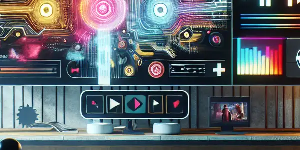 A futuristic video player interface in a cozy living room, featuring dynamic customization elements and silhouettes of iconic adult stars.