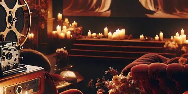 A dimly lit room with velvet furniture, featuring a vintage projector displaying a couple's silhouette, exuding romantic tension.