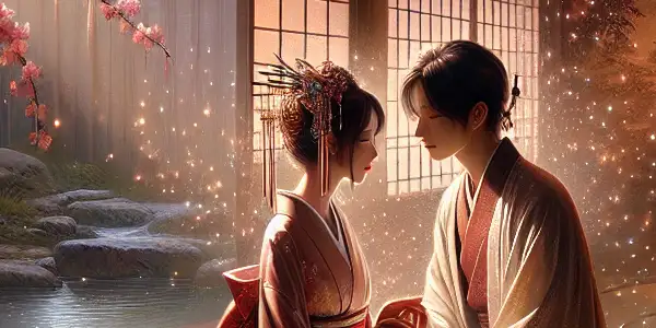 A romantic couple in a softly lit Japanese room, surrounded by cherry blossoms and traditional decor, exuding warmth and intimacy.