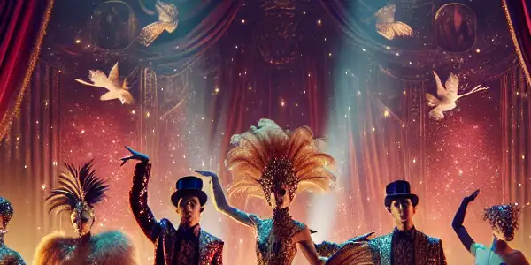 A vibrant cabaret scene with elegantly costumed performers dancing amidst dramatic lighting and plush velvet decor.
