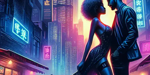 A couple stands close together in a vibrant cityscape at dusk, embodying urban romance and desire.