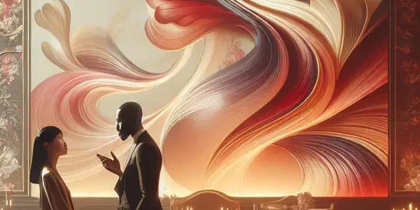 A couple engaged in intimate conversation in a luxurious room, embodying passion and emotional connection.