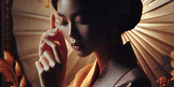 An elegantly posed human figure in a softly lit, intimate setting, embodying sensuality and emotional depth.