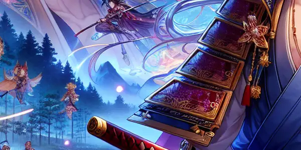 A handsome Sword Prince in samurai armor battles in a mystical Japanese landscape under a moonlit sky.